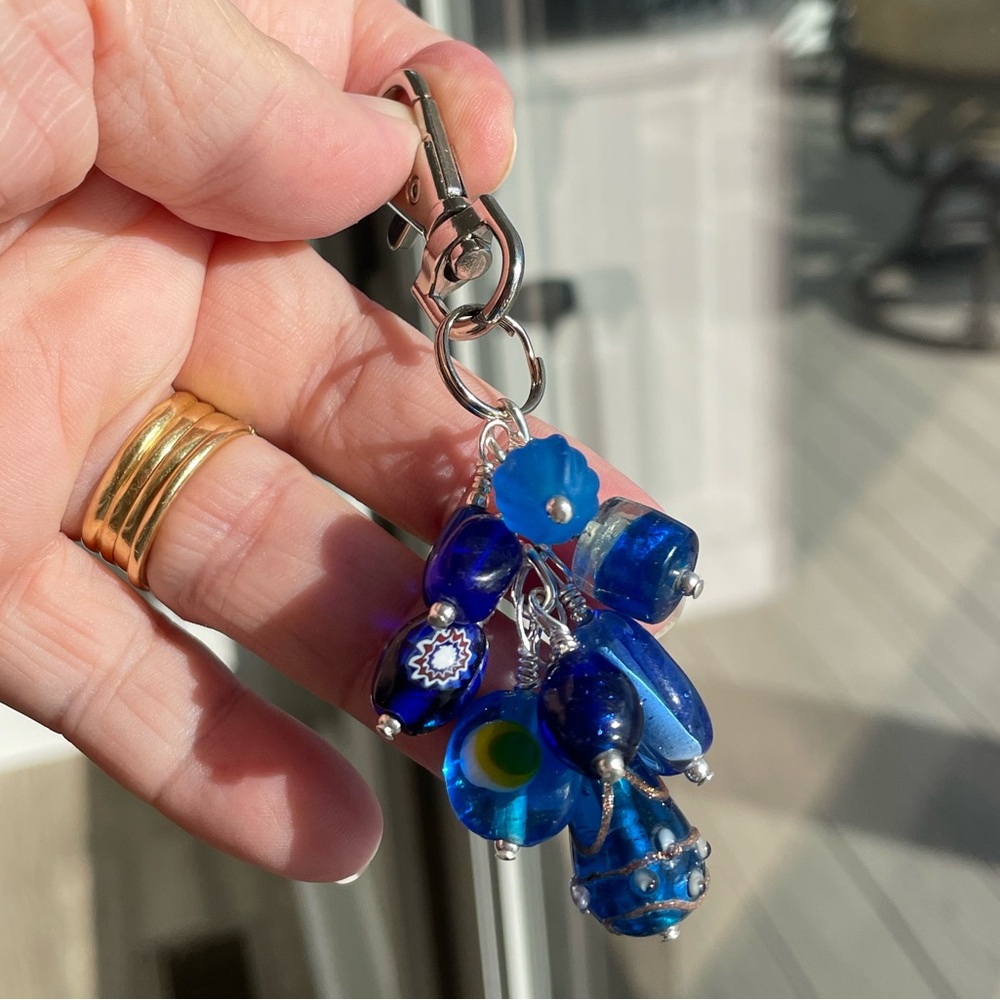 Handmade Royal Blue Bead Grape Hand Bag Charm Keychain Snap Hook Clip